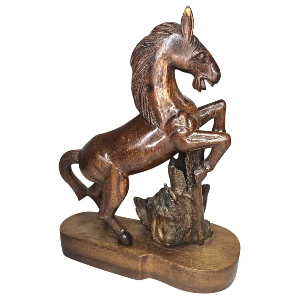 Vintage Wood Hand Carved Rearing Jumping Horse Statue with Base 2 Piece *CHIP*